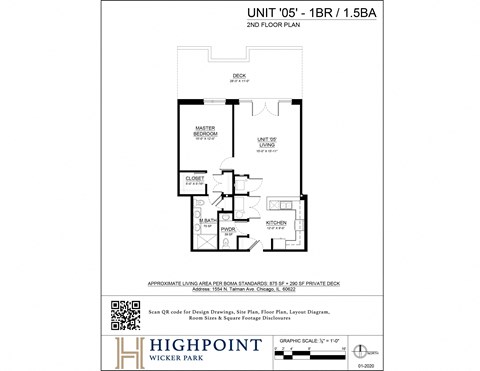 Floor plan for 1 bed, 1.5 baths, 970 sqft